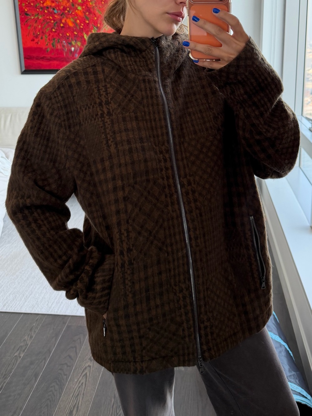 John Varvatos Brown Glen Plaid Hooded Wool Blend Zip Jacket Size Medium